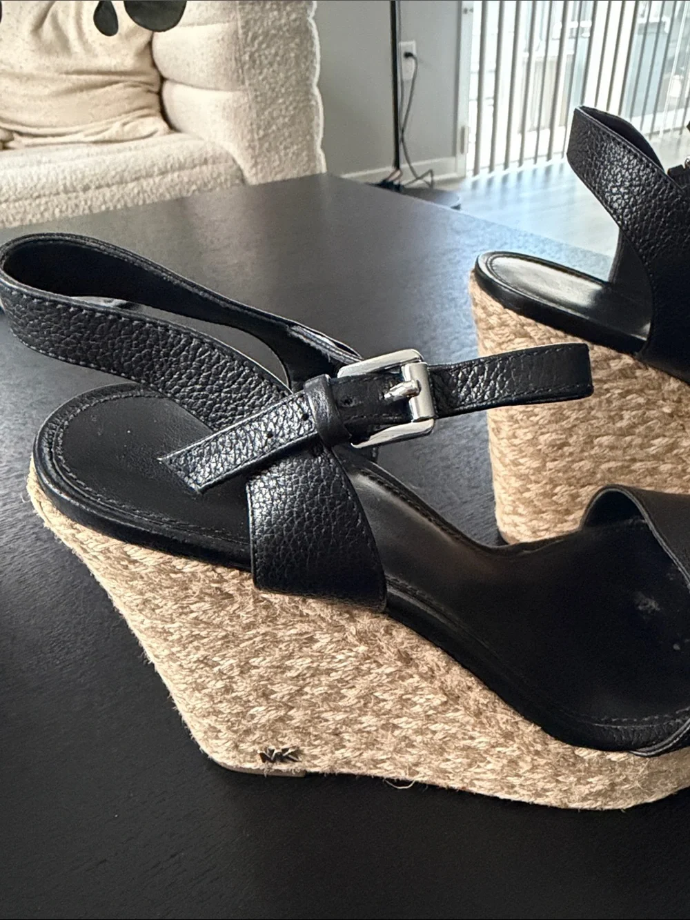 MICHAEL Michael Kors Black Leather Ankle-Strap Espadrille Wedges